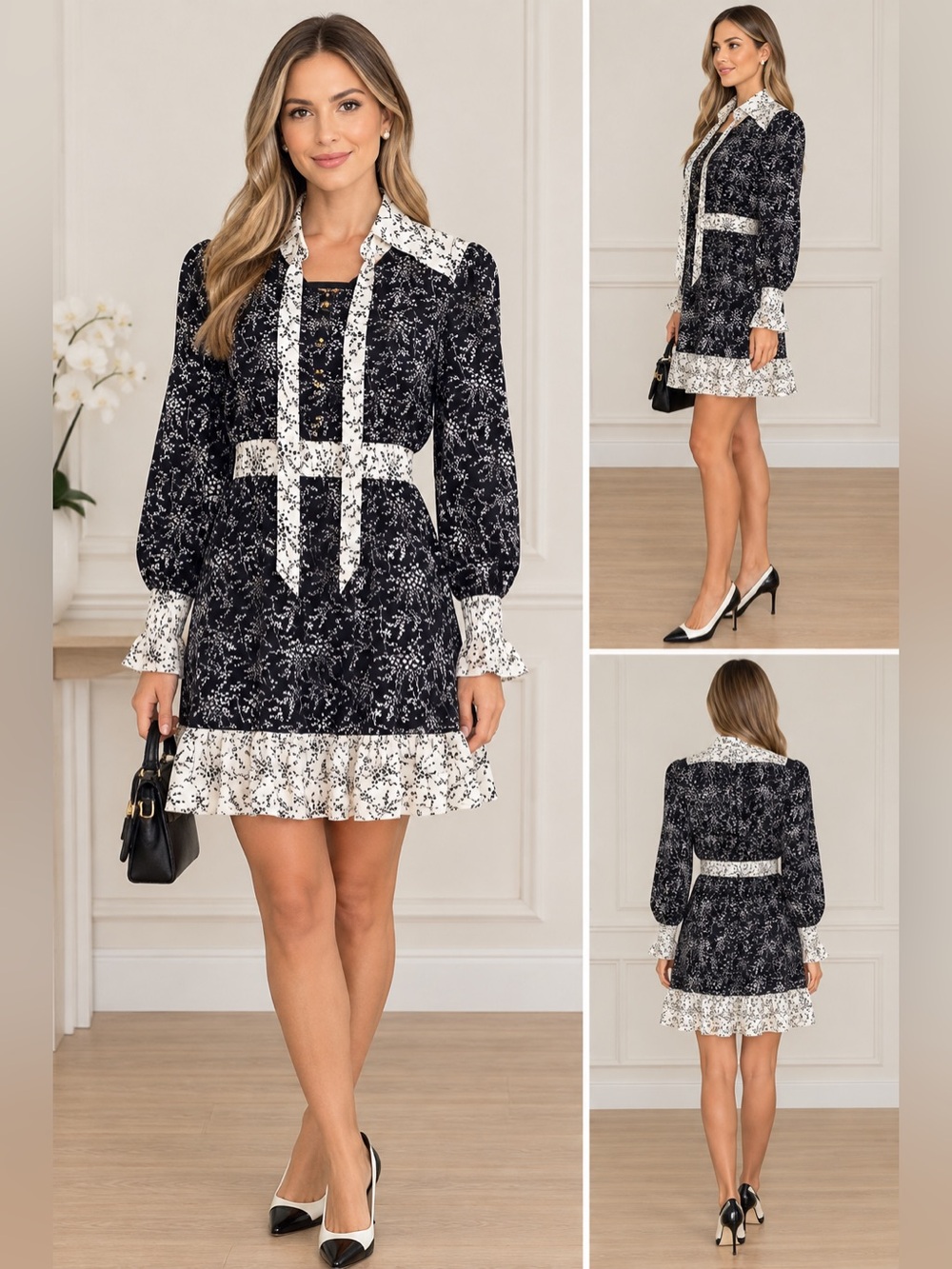 Romantic and Feminine Printed Tie-Neck Long Sleeve Dress - Black/White